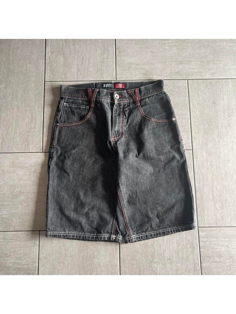 Southpole Black Denim Shorts Red Contrast Stitch Baggy 34